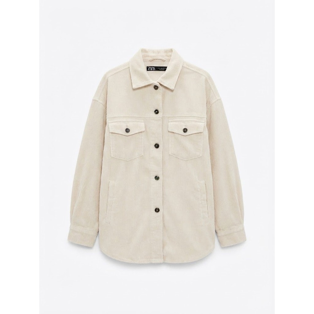 Zara Shacket Womens Cream Corduroy Shirt Jacket Wide-Wale Minimalist Neutral